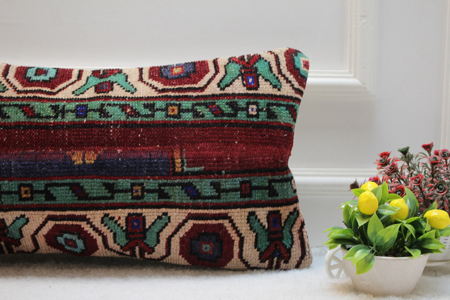 Handmade Turkish Rug Lumbar Pillow Cover: Vintage Patchwork Design (12x24 inc)
