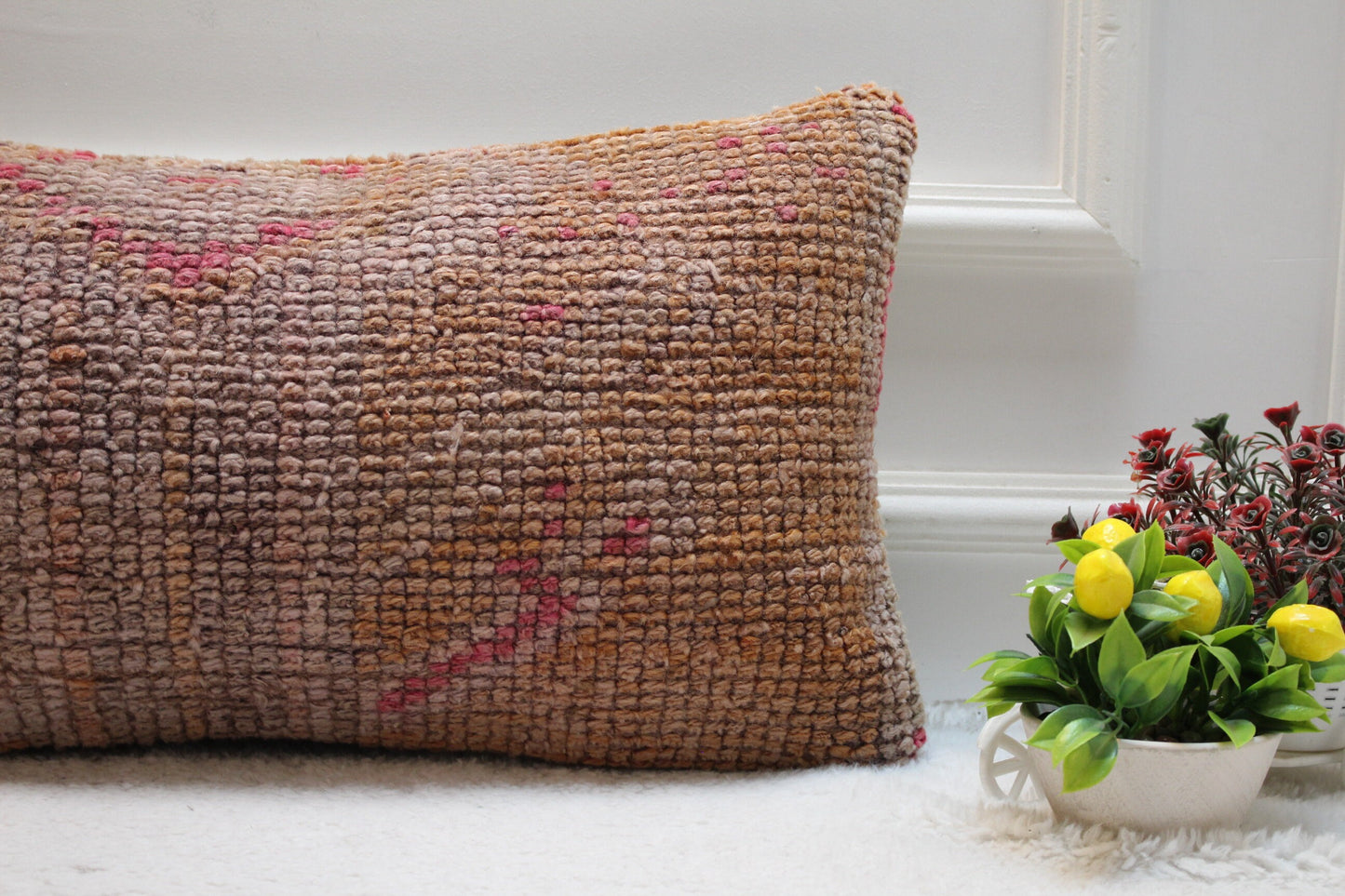 Handmade Orange Turkish Rug Lumbar Pillow Cover: Upcycled Wool, 12x24