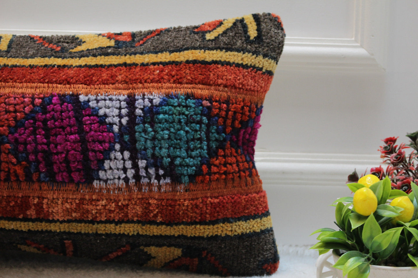 Vivid Turkish Rug Lumbar Pillow Cover: Colorful Wool Throw Pillow (12x24 in)