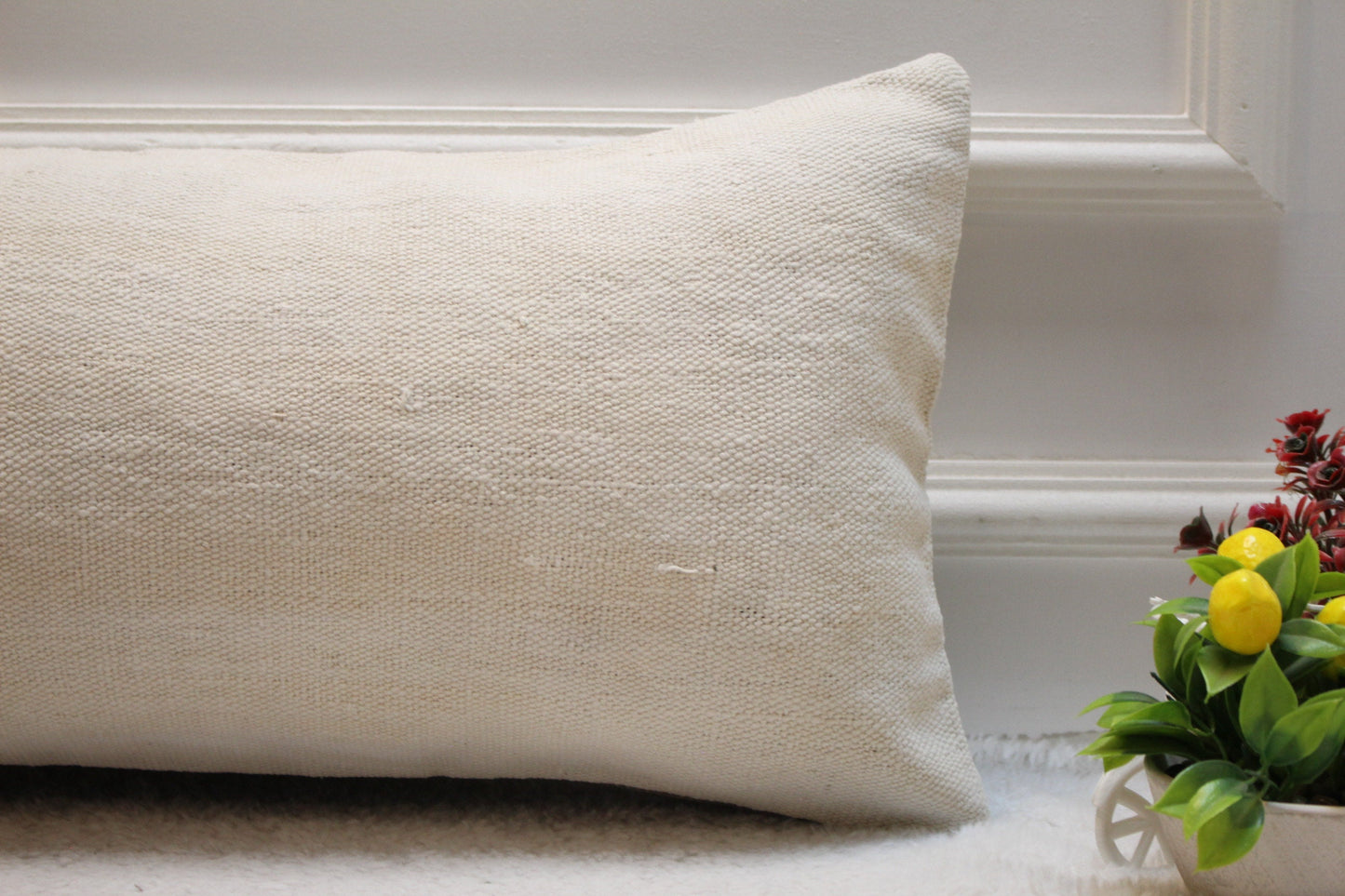 Handmade White Wool Lumbar Pillow Cover: Upcycled Kilim Rug