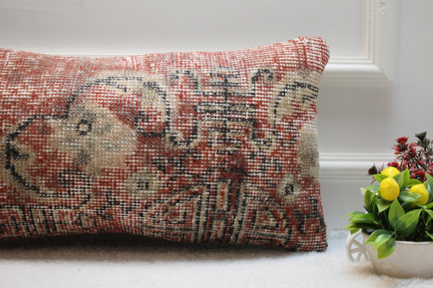 Handmade Red Kilim Pillow Cover: Upcycled Wool Lumbar Pillow (12x24 in)