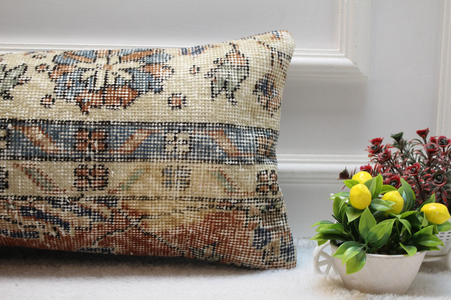 Handmade Kilim Lumbar Pillow Cover: Beige Wool Rug Pillow (12x24 inc)