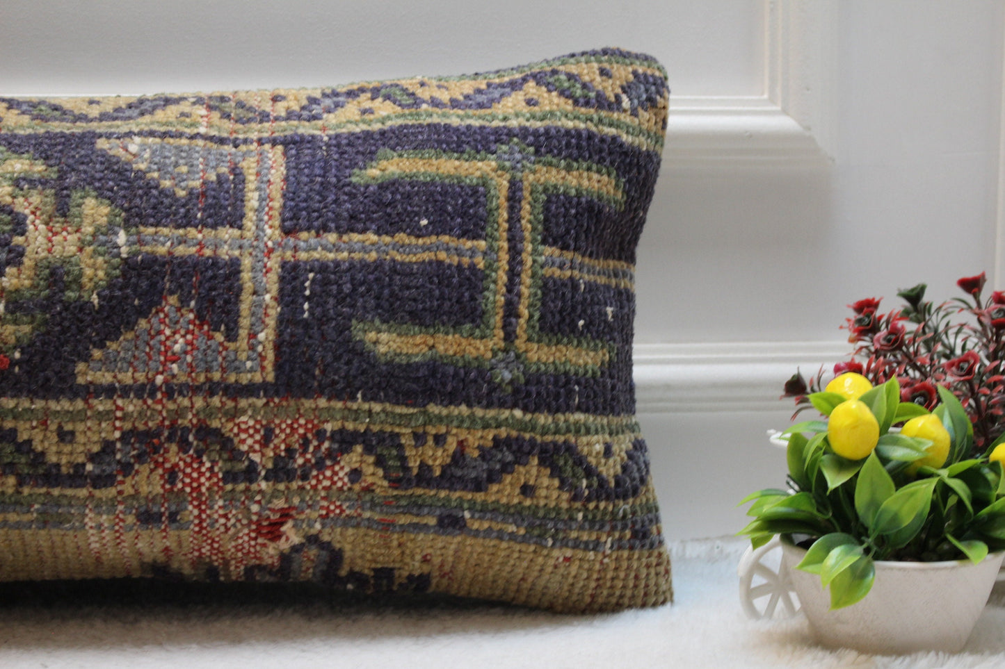 Handmade Kilim Lumbar Pillow Cover: Geometric Woven Wool, 12x24