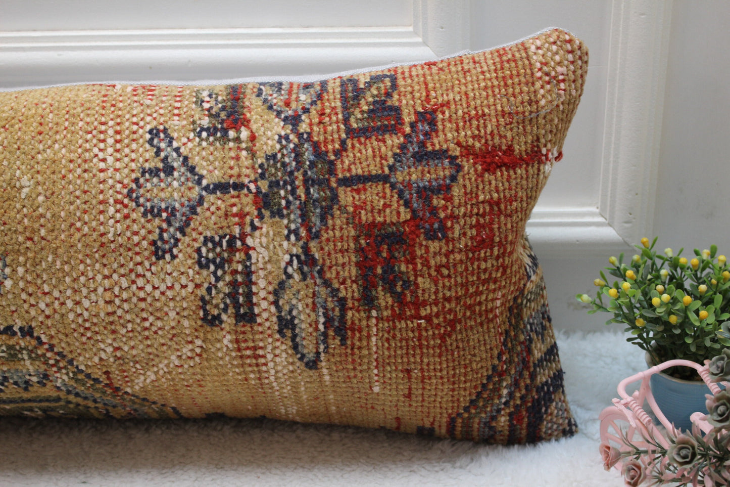 Orange Turkish Rug Pillow Cover: Vintage Boho Lumbar Pillow, 12x36 inch