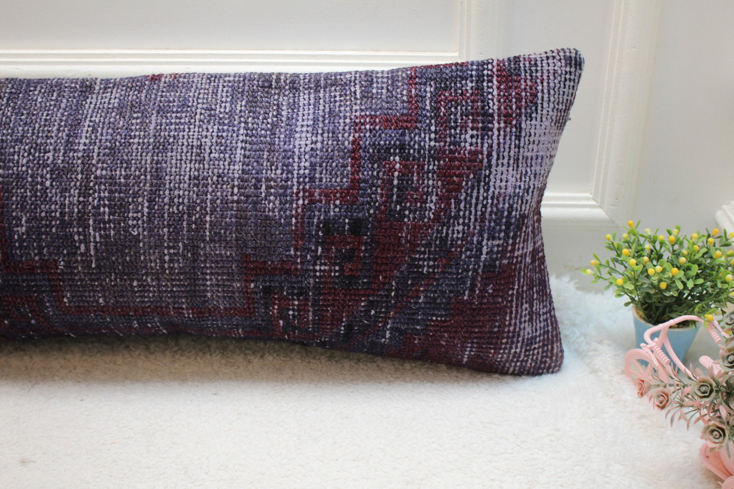 Handmade Purple Kilim Pillow Cover: Upcycled Boho Rug Pillow (12x36 in)