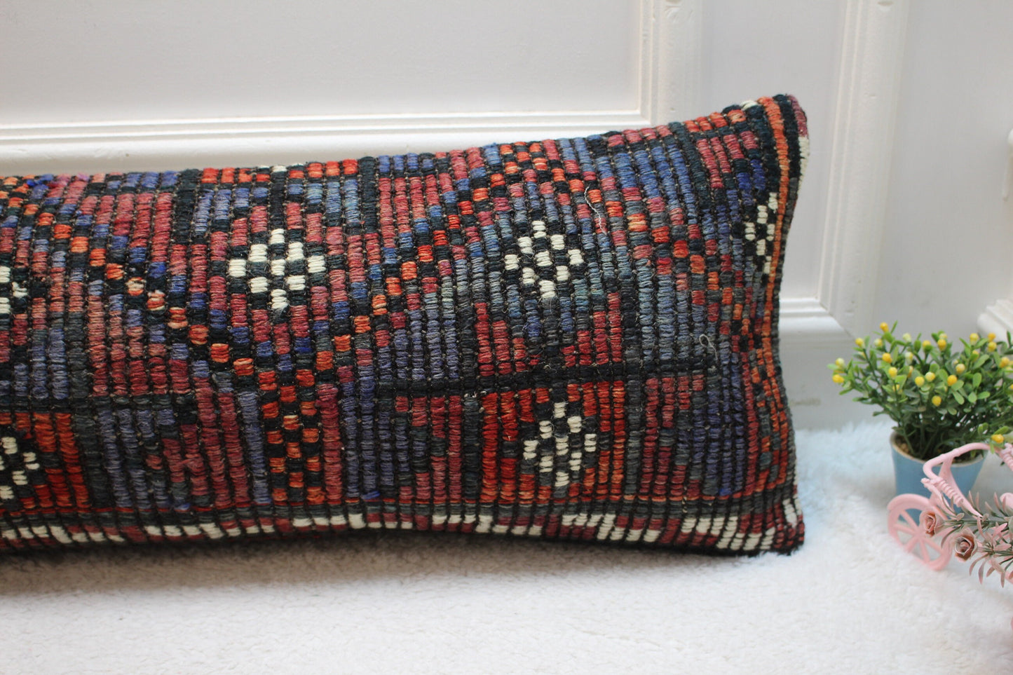 Handmade Geometric Kilim Lumbar Pillow Cover: Upcycled Vintage Rug (12x36 in)