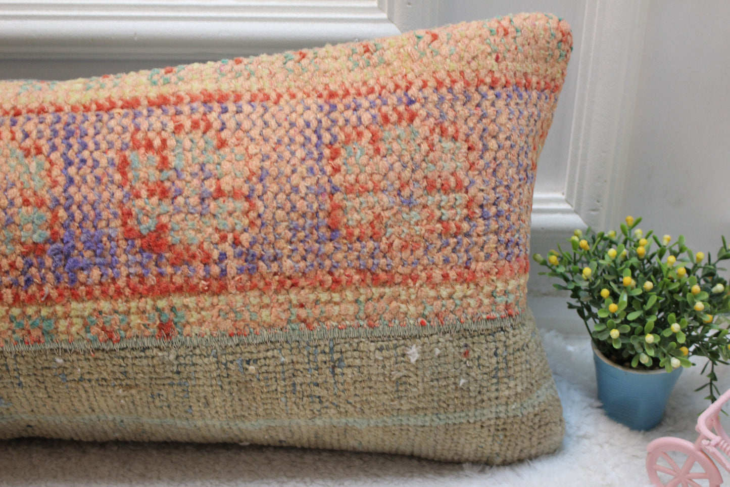 Handmade Turkish Kilim Lumbar Pillow Cover: Upcycled Woven Rug, 12x36 inc