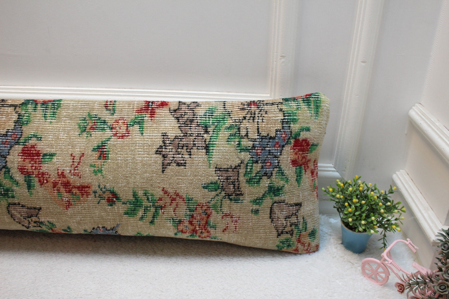 Floral Turkish Rug Lumbar Pillow Cover: 12x36 Beige Green Wool