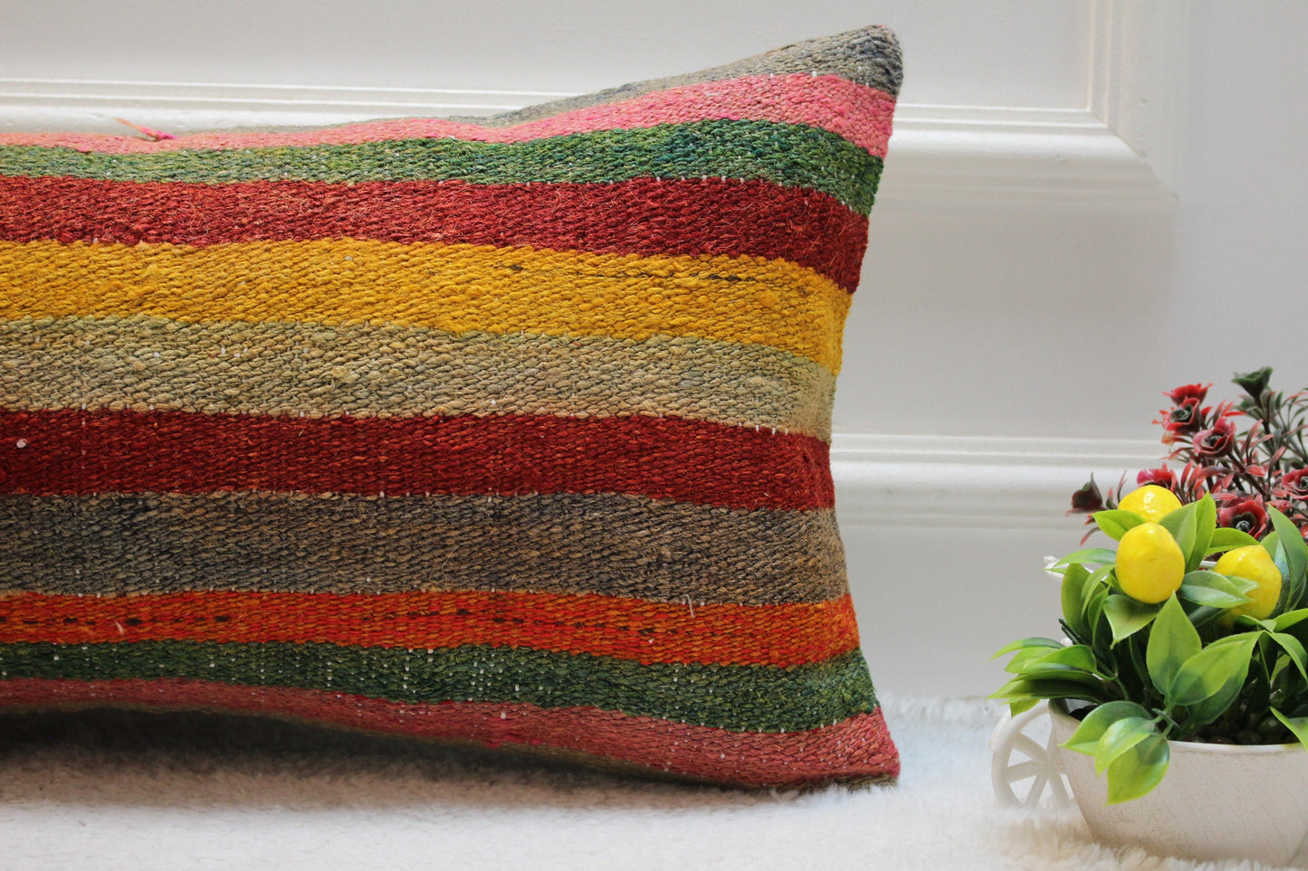 Striped Kilim Lumbar Pillow Cover: Vintage Woven Wool (12x24 in)