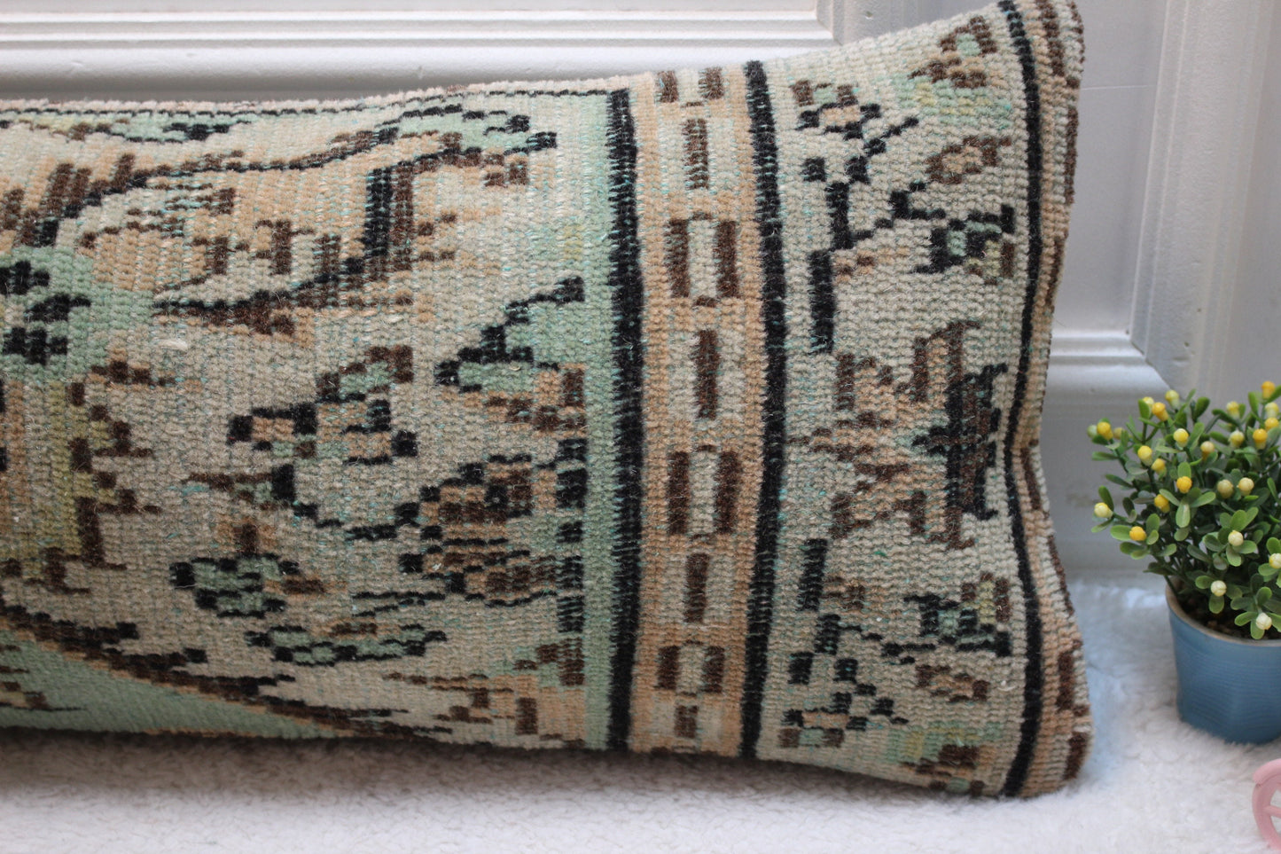 Green Vintage Turkish Rug Pillow: Handmade Wool Lumbar Cover (12x36 in)