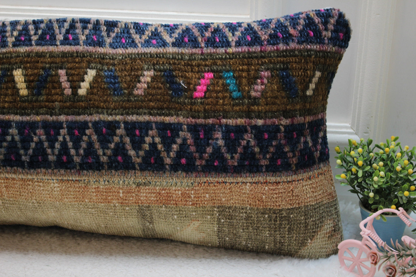 Handmade Turkish Kilim Lumbar Pillow Cover: Upcycled Woven Rug, 12x36 inch