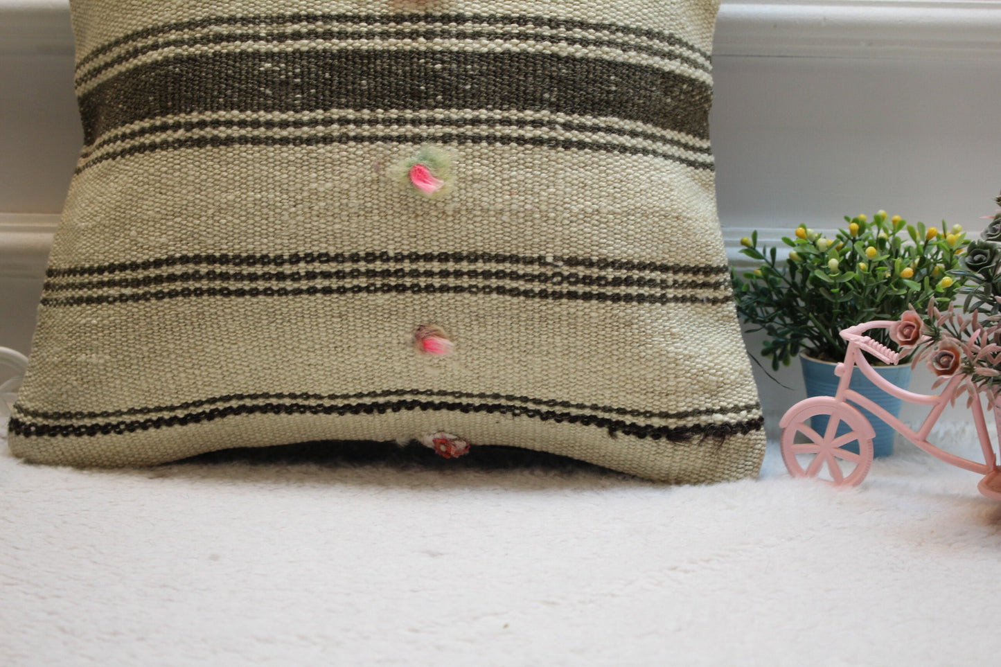 Handmade Kilim Pillow Cover: Striped Organic Wool Throw Pillow (16x16 inc)