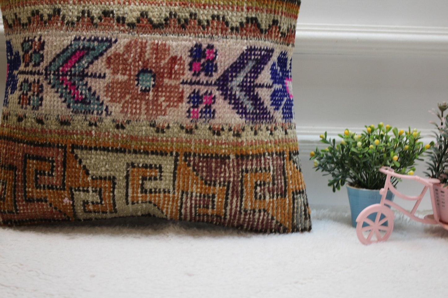 Handmade Turkish Rug Pillow Cover: Beige Brown Woven Wool, 16x16 inch