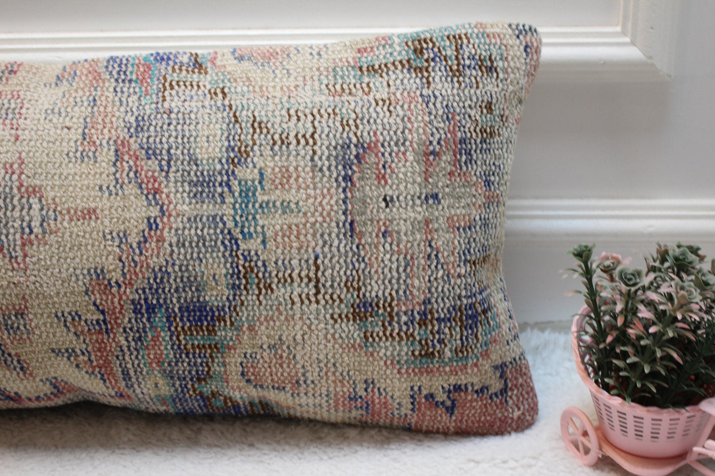 Handmade Turkish Rug Lumbar Pillow Cover: Beige, Blue Wool (12x24 in)