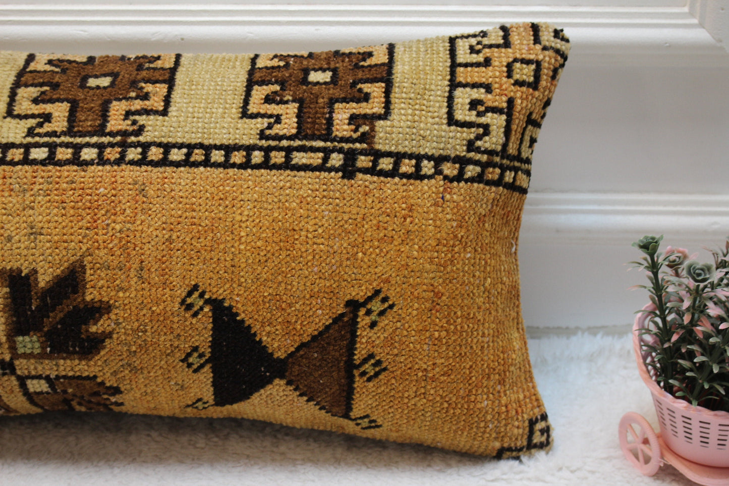 Handmade Kilim Lumbar Pillow Cover: Brown Beige Boho Rug Pillow (12x24 inc)