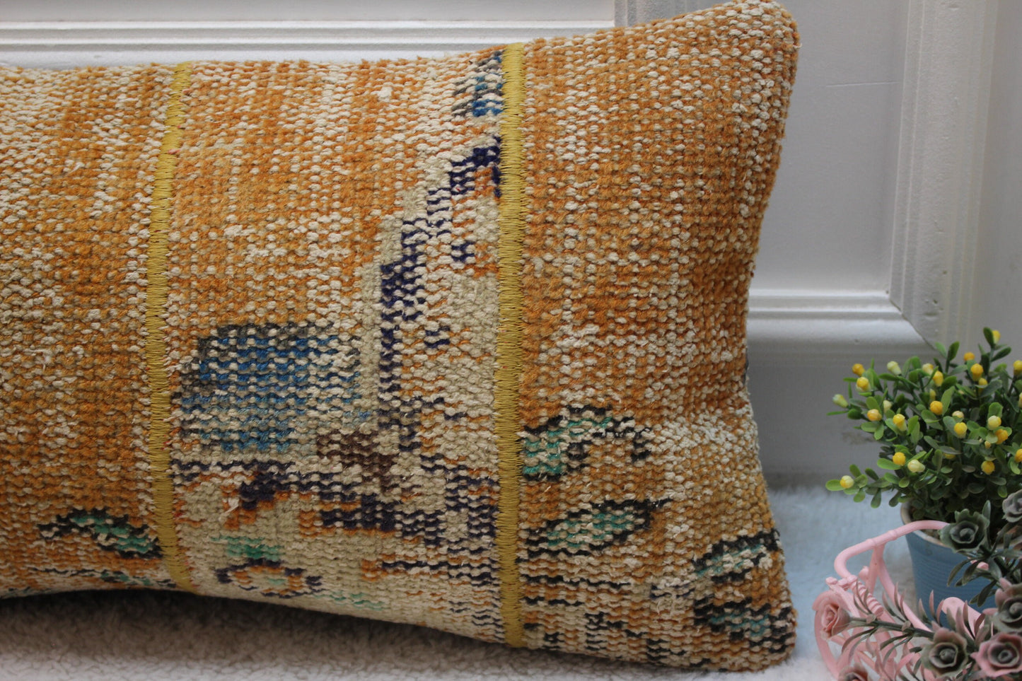Handmade Orange Turkish Rug Lumbar Pillow Cover: Upcycled Kilim 12x24 inc