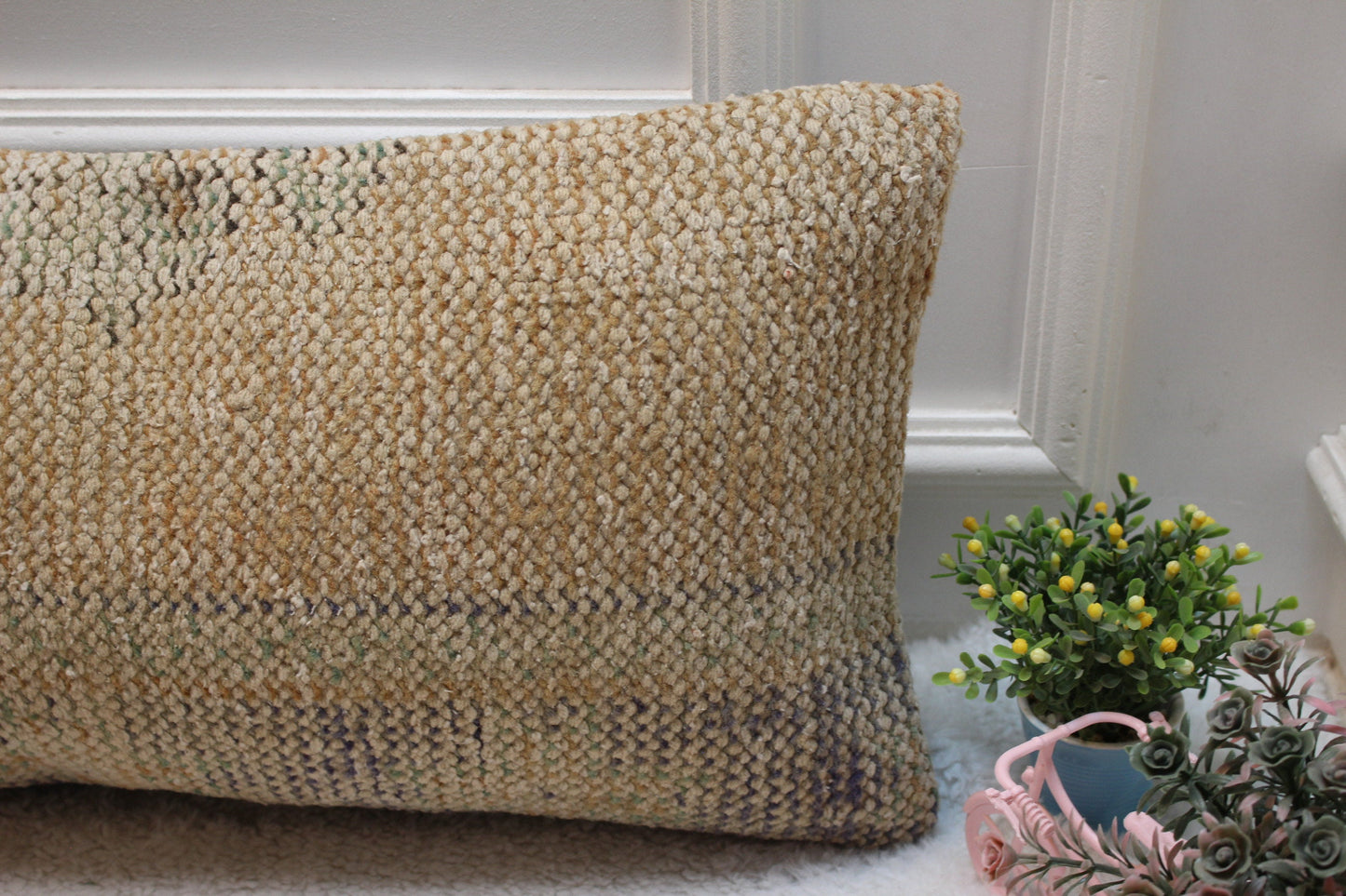 Beige Vintage Turkish Rug Lumbar Pillow Cover: Handmade Wool 12x24 inc
