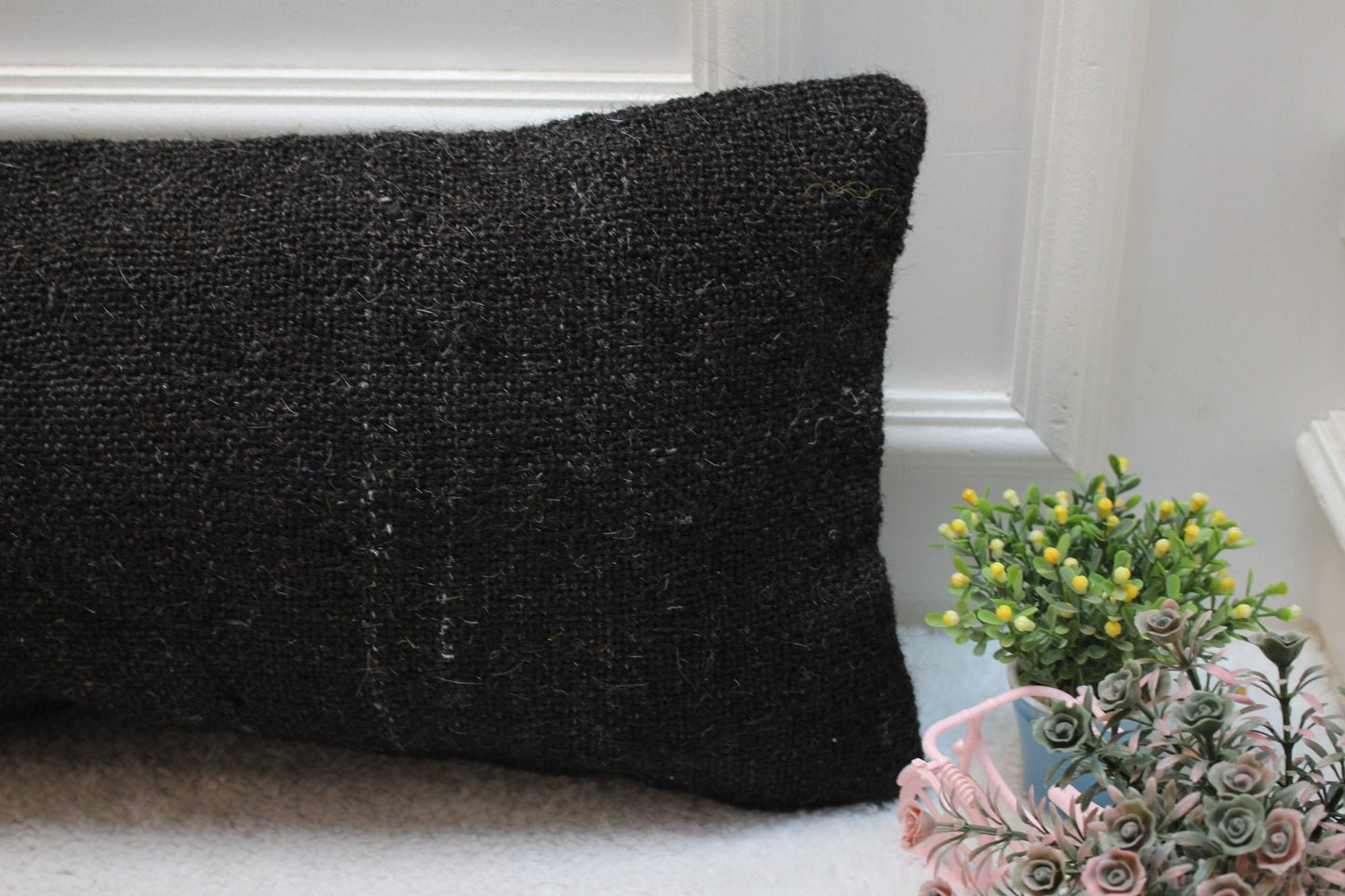 Black Kilim Pillow Cover 12x24: Vintage Handmade Wool Lumbar Pillow