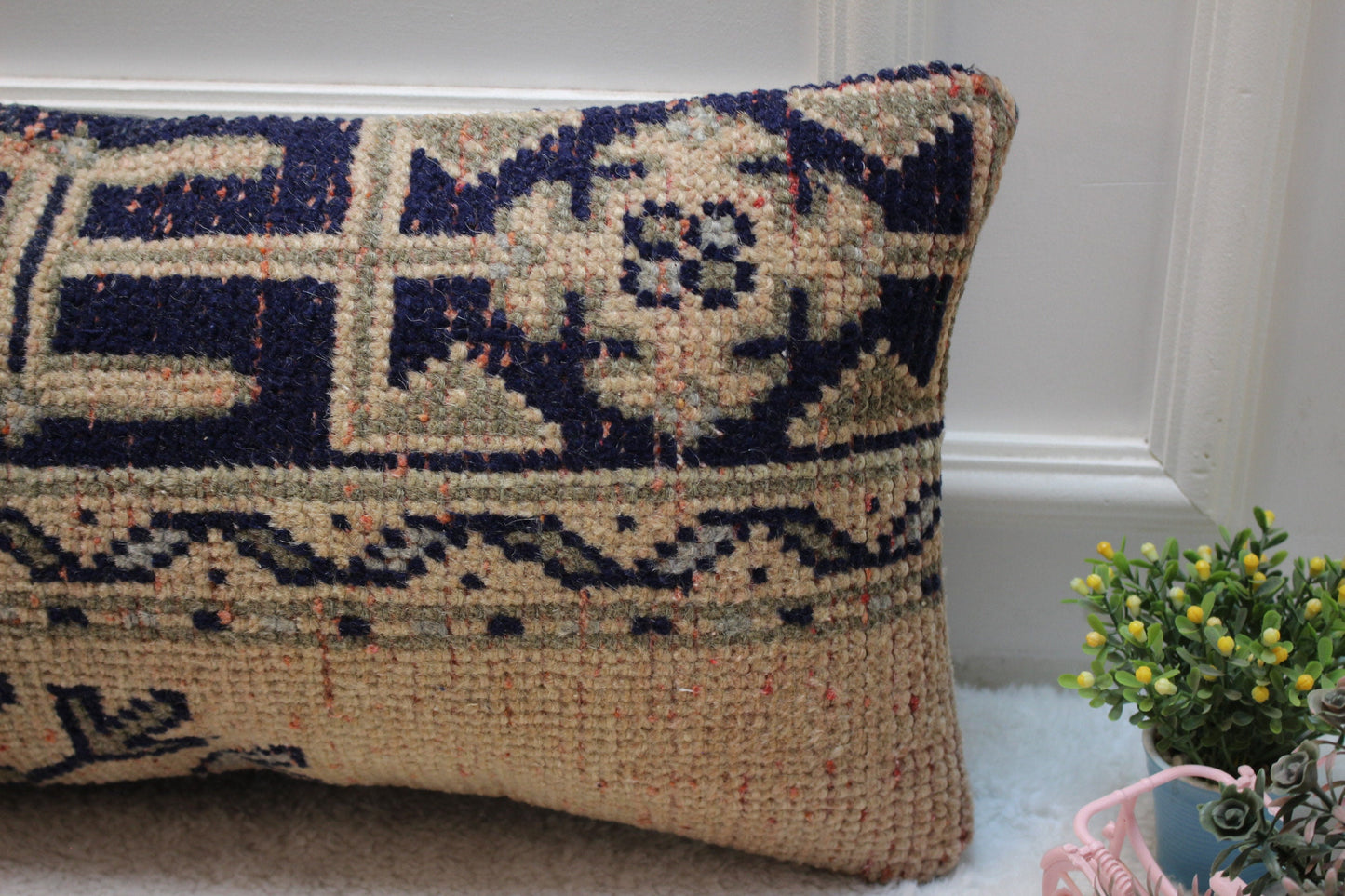 Handmade Turkish Rug Pillow Cover: Organic Wool Lumbar Cushion (12x24 inc)