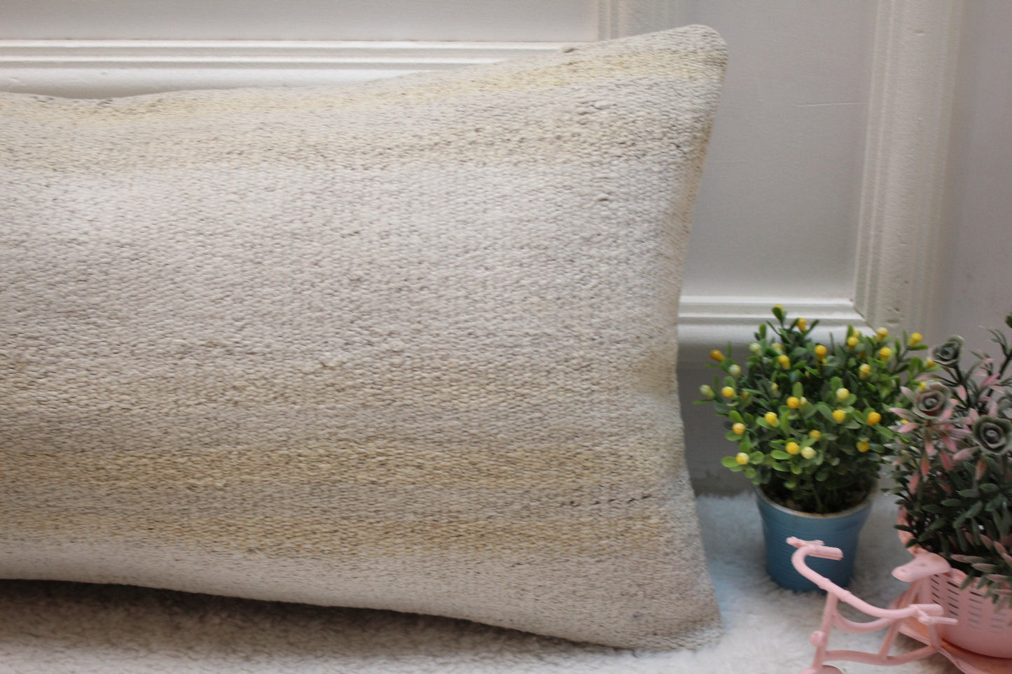 Handmade Kilim Pillow Cover: Upcycled Organic Wool Lumbar Pillow, 12x24 inch