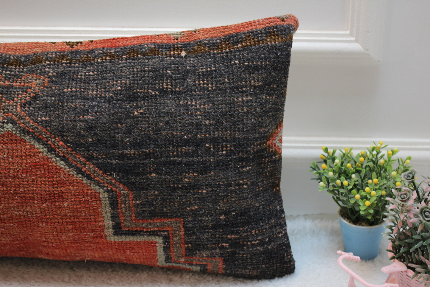 Vintage Turkish Rug Lumbar Pillow Cover: Black & Red, 12x24 inch