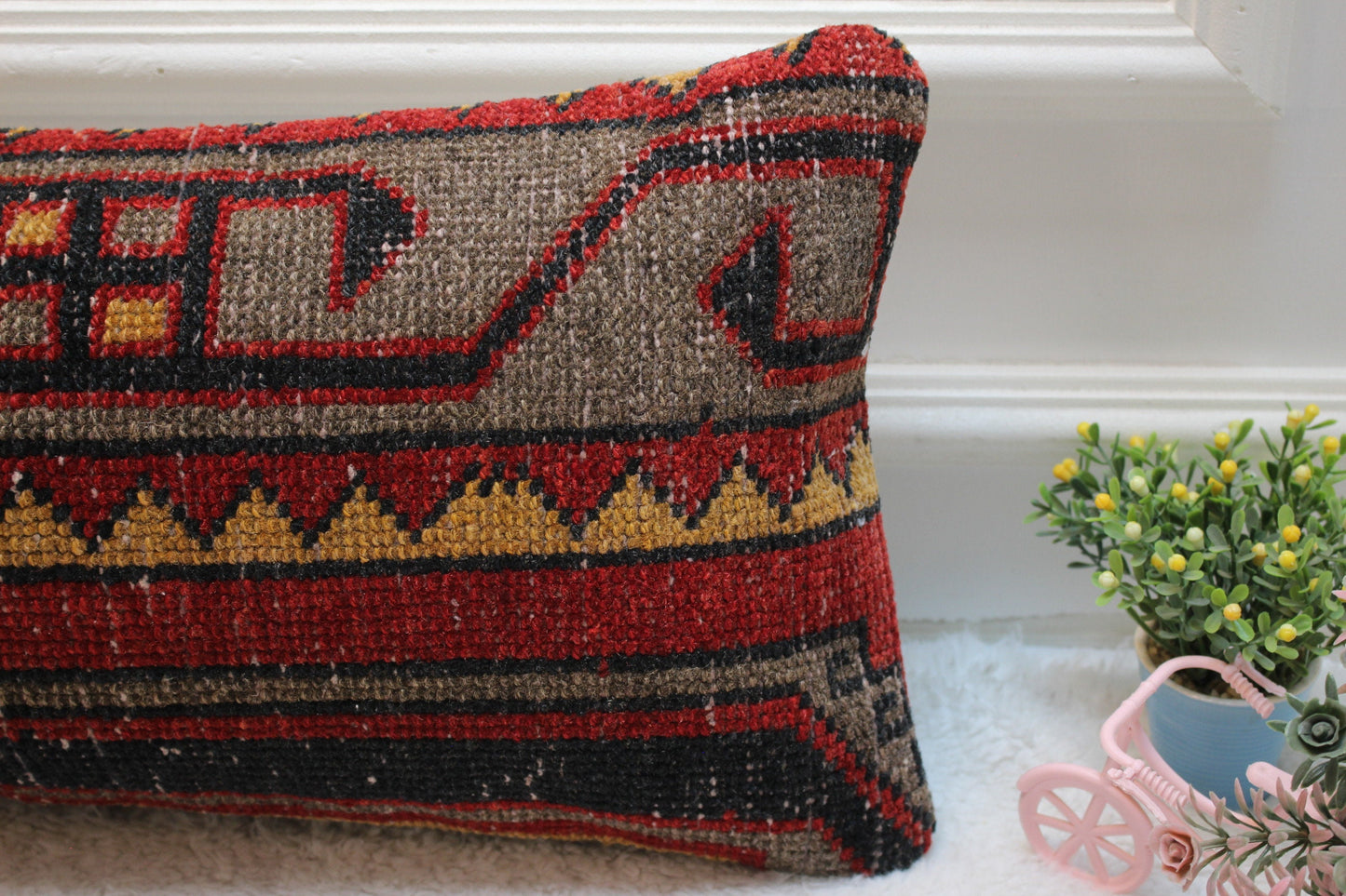 Red Gray Turkish Rug Pillow Cover: Vintage Wool Lumbar Pillow 12x24