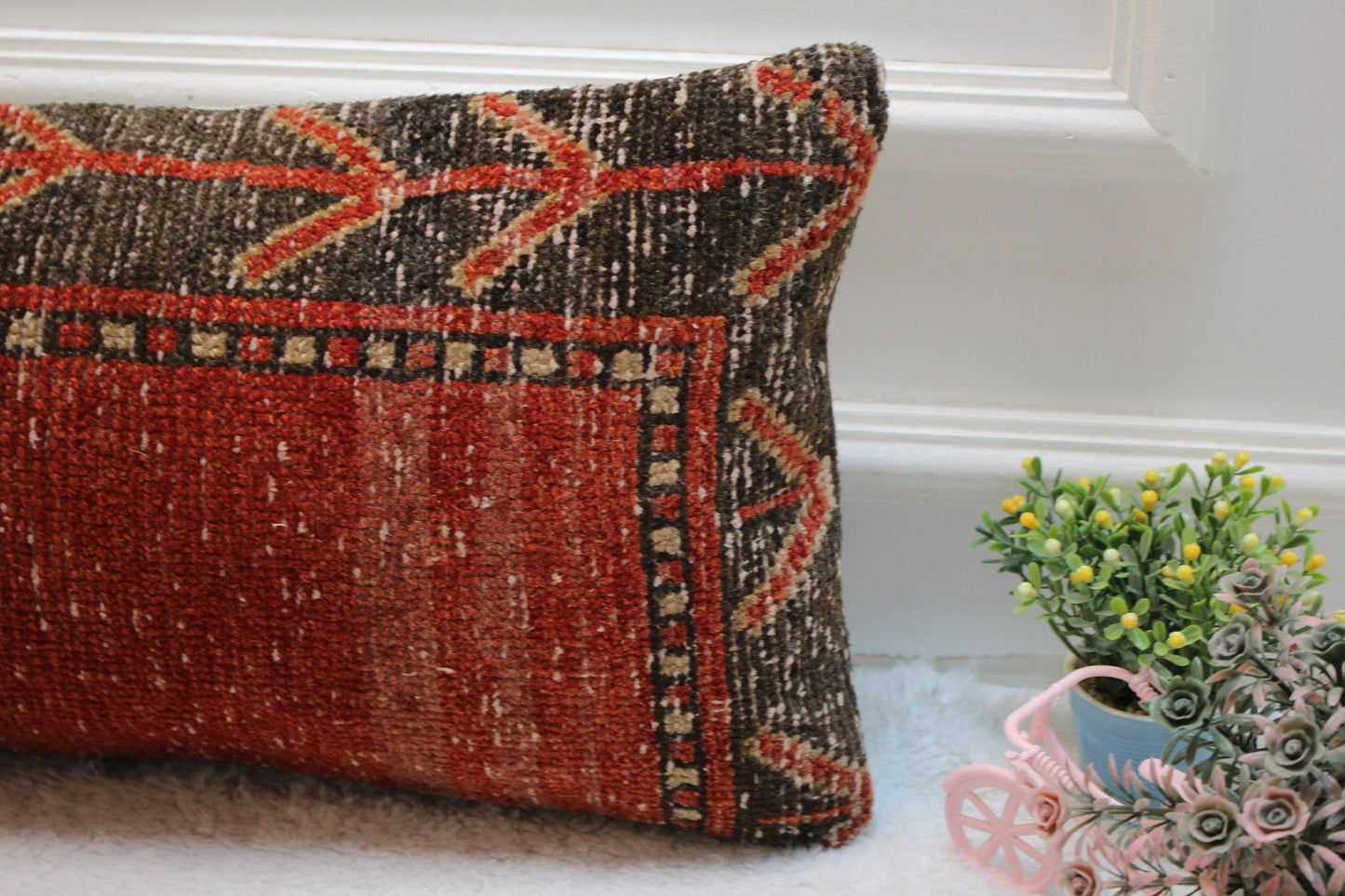 Handmade Turkish Lumbar Pillow Cover: Organic Wool Kilim, 12x24 inch