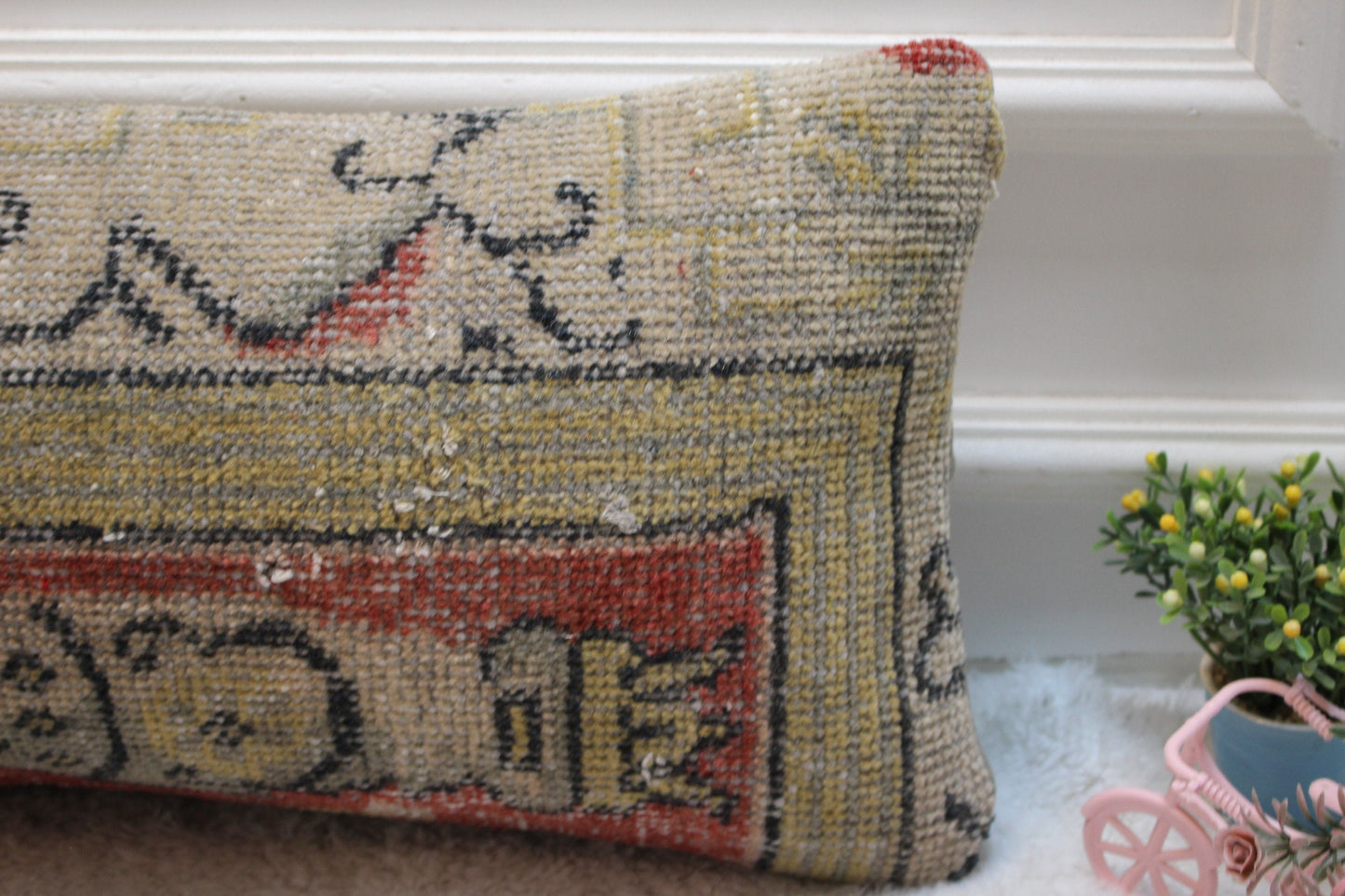 Handmade Turkish Rug Pillow Cover: Red Beige Wool Lumbar Cushion (12x24 in)