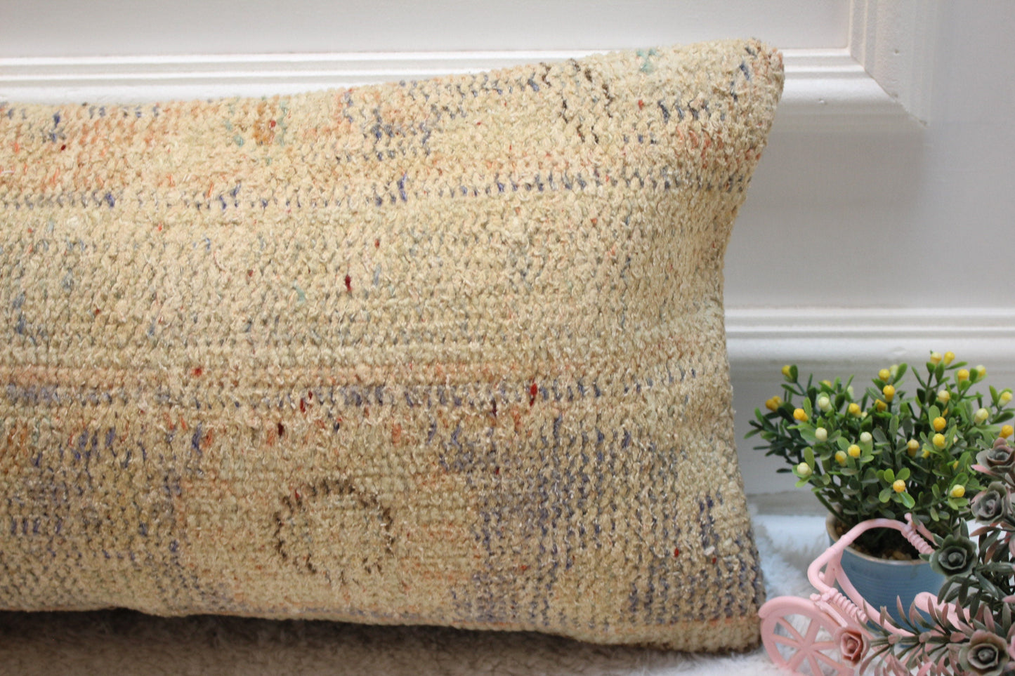 Handmade Beige Turkish Rug Lumbar Pillow Cover: 12x24 Organic Wool