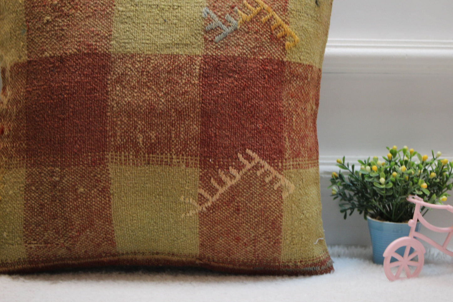 Handmade Square Kilim Pillow Cover: Red Beige Turkish Woven Rug (16x16 in)