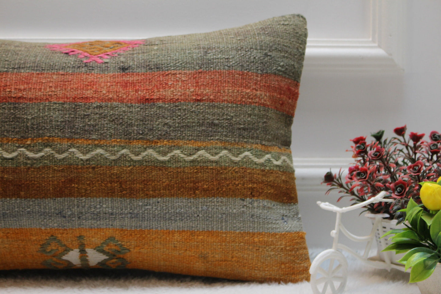 Striped Kilim Lumbar Pillow Cover: Handmade Upcycled Wool, 12x20 inch