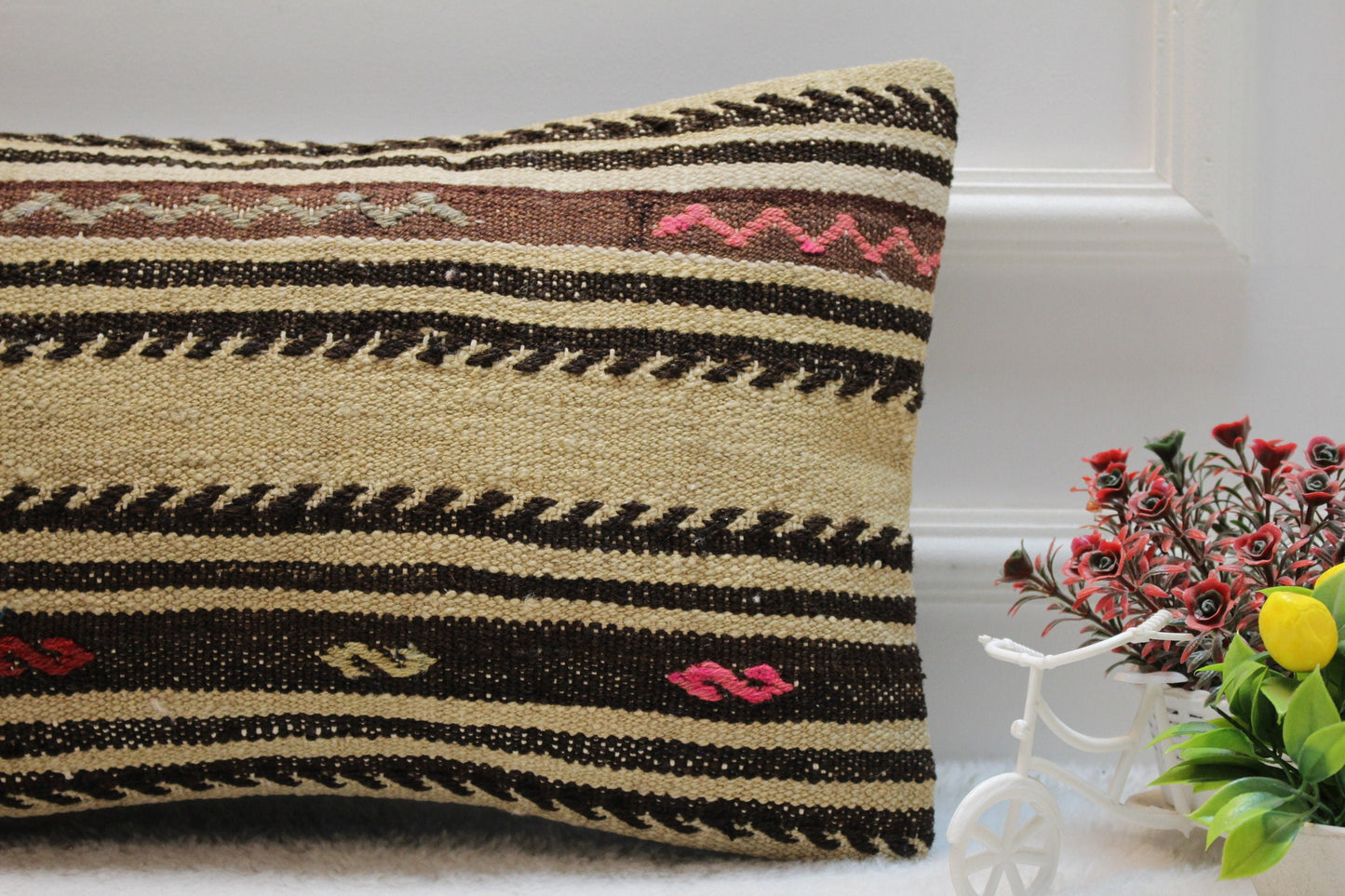 Striped Kilim Lumbar Pillow Cover: Vintage Boho Rug, 12x20 inch
