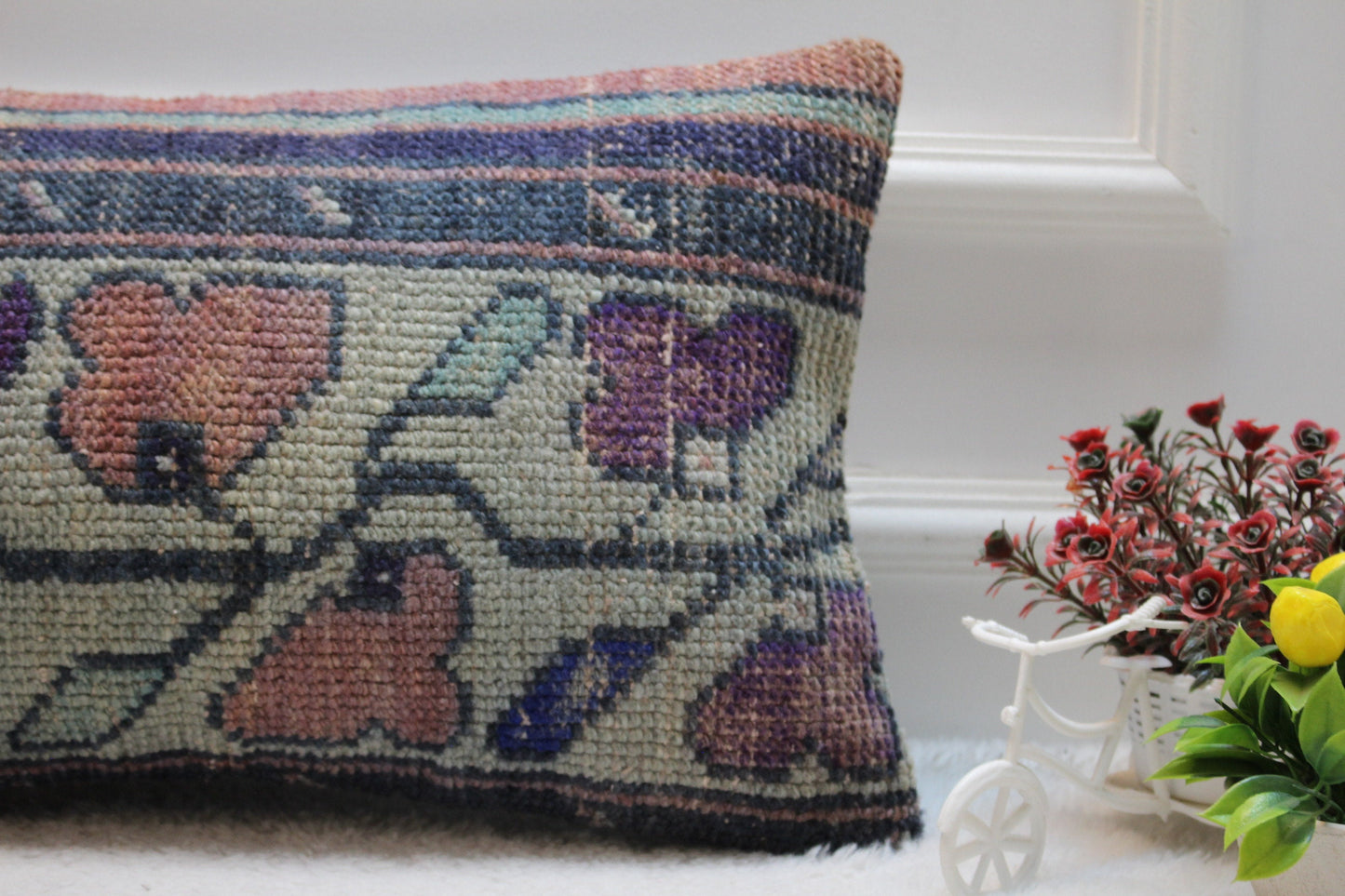 Handmade Kilim Lumbar Pillow Cover: Organic Wool Rug Pillow (12x20 in)