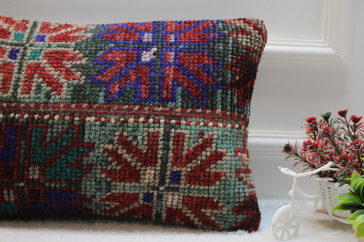 Handmade Turkish Rug Lumbar Pillow Cover: Vintage Patchwork Wool (12x20 in)