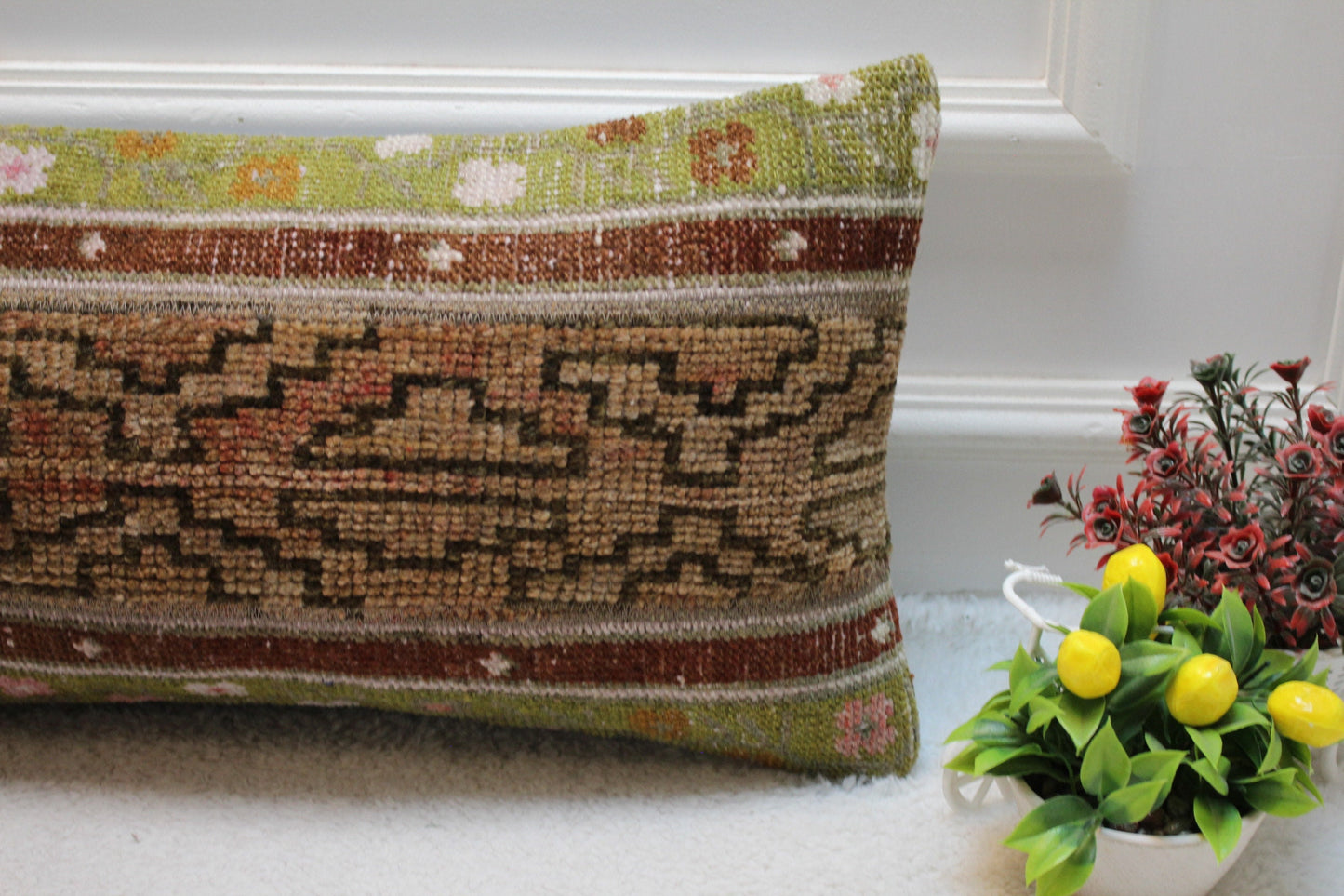 Handmade Kilim Lumbar Pillow Cover: Patchwork Turkish Rug, 12x24 inch