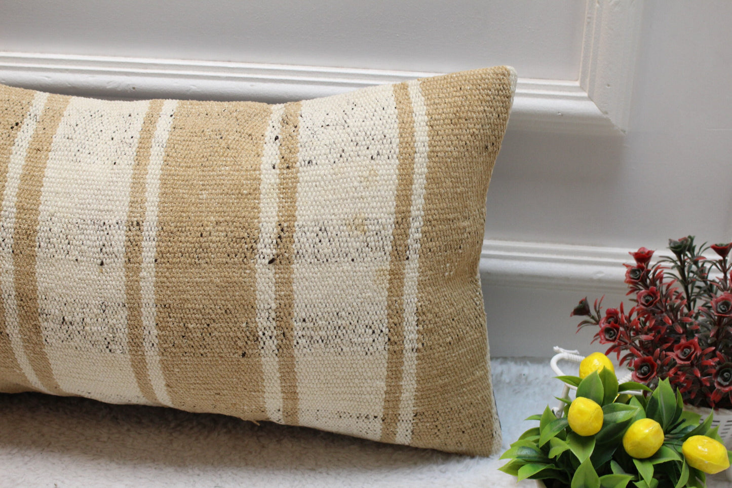 Handmade Kilim Lumbar Pillow Cover: Striped Wool Throw Pillow (12x24 in)