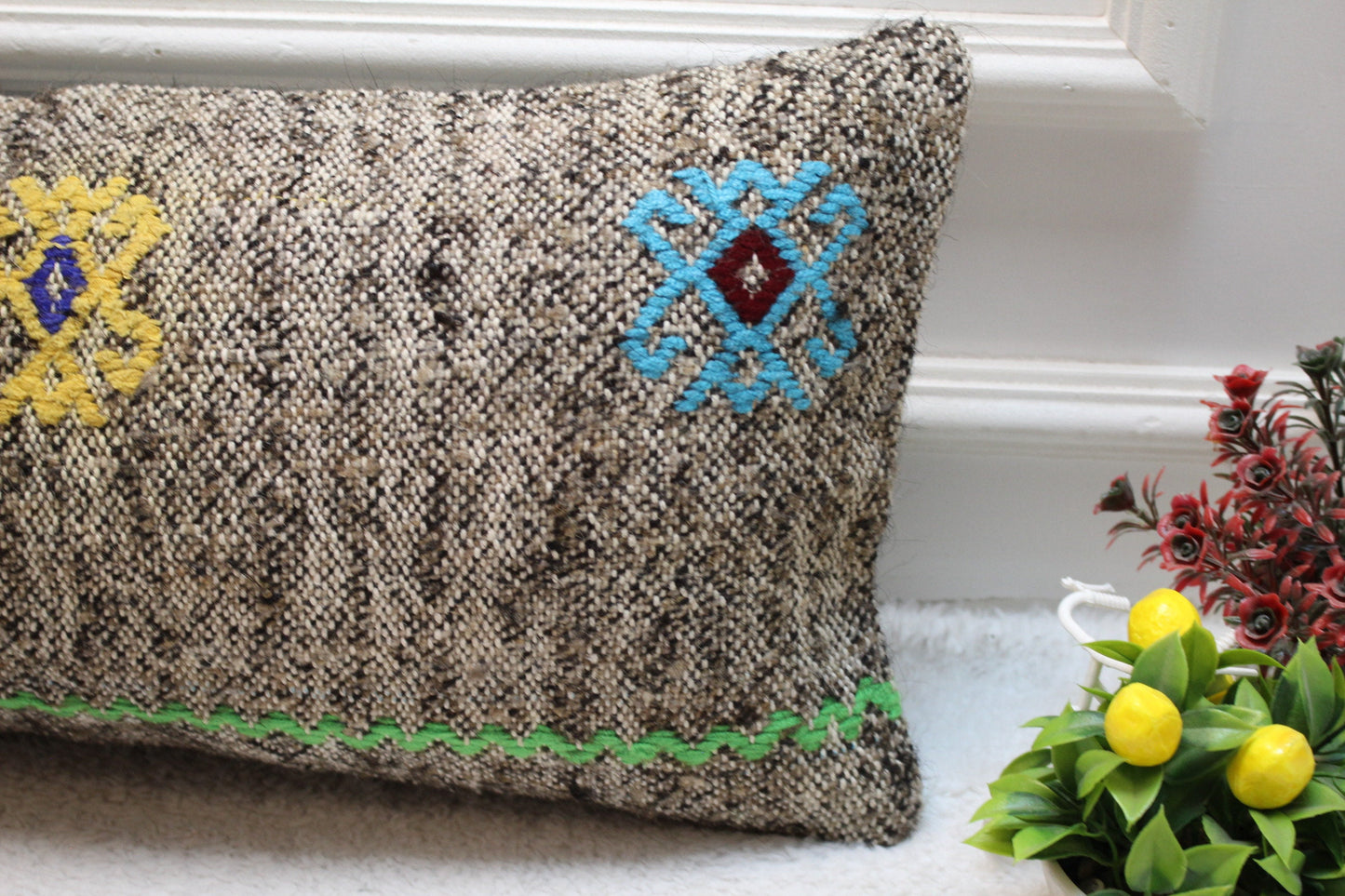 Gray Vintage Turkish Kilim Lumbar Pillow Cover: 12x24 inch, Handmade Wool