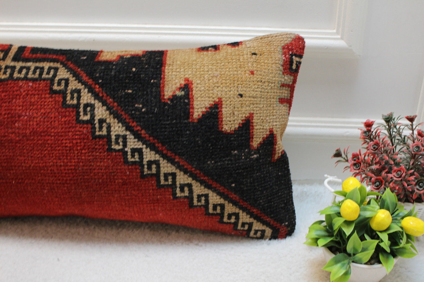 Handmade Turkish Kilim Lumbar Pillow Cover: Red, Black, Beige (12x24 inch)