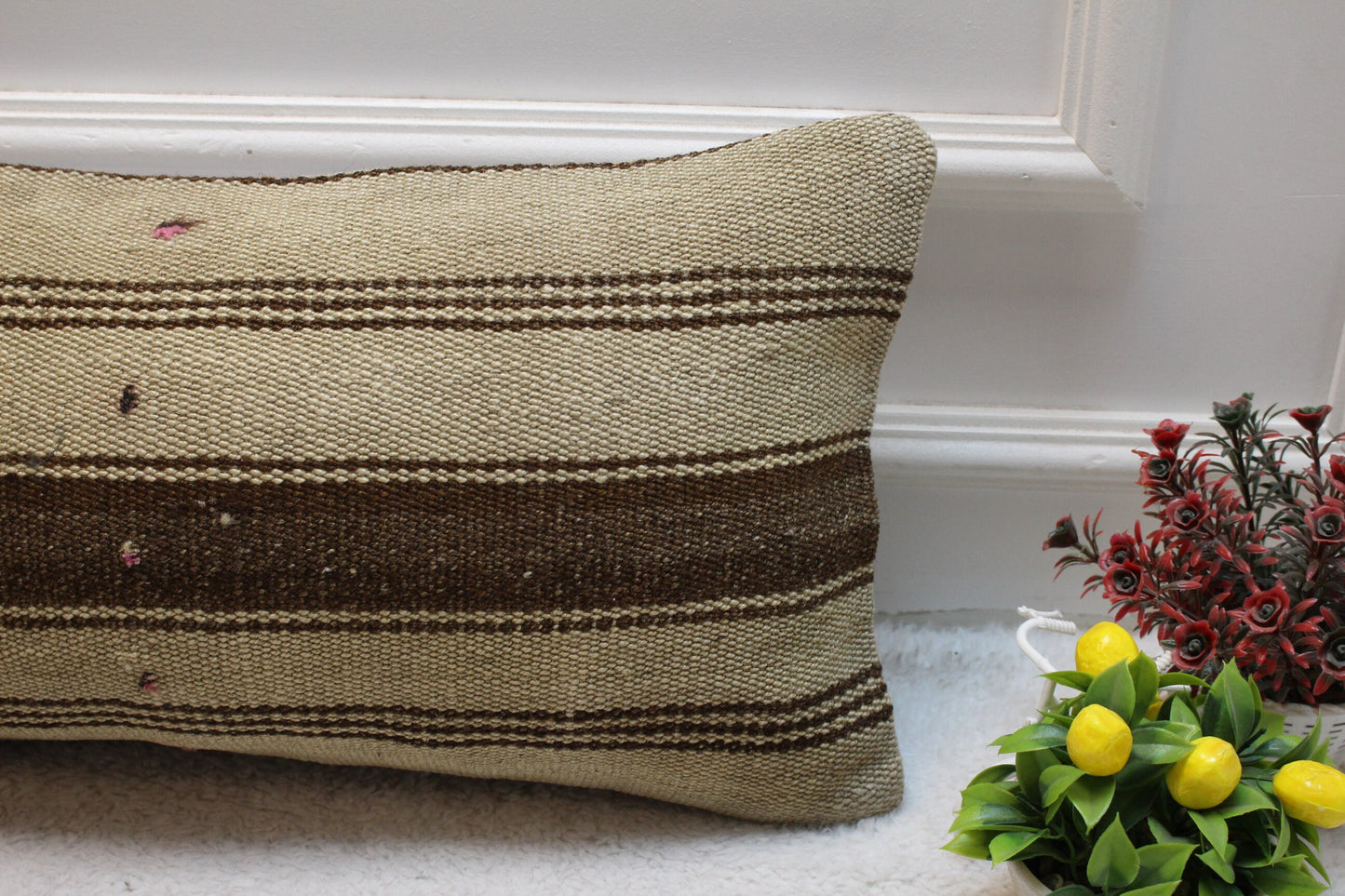 Handmade Kilim Pillow Cover: Brown Beige Striped Wool, 12x24 inch