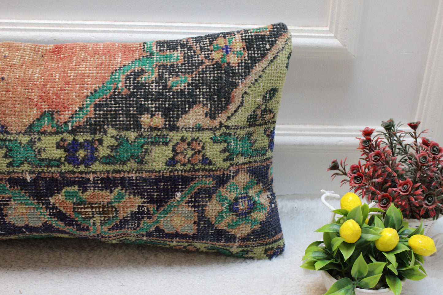 Floral Turkish Rug Lumbar Pillow Cover: Handmade Wool Pillow Case (12x24 in)