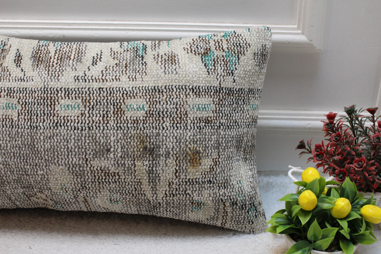 Gray Vintage Turkish Rug Lumbar Pillow Cover: 12x24 inc Wool Kilim