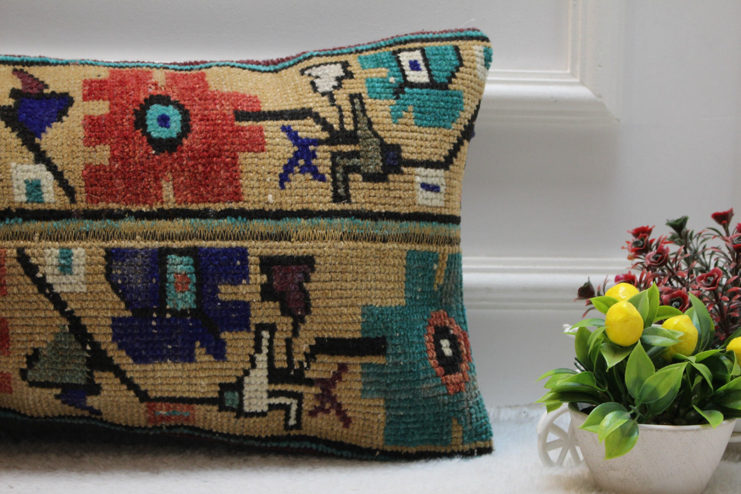 Floral Turkish Rug Lumbar Pillow Cover: Vintage Kilim, 12x24 inc