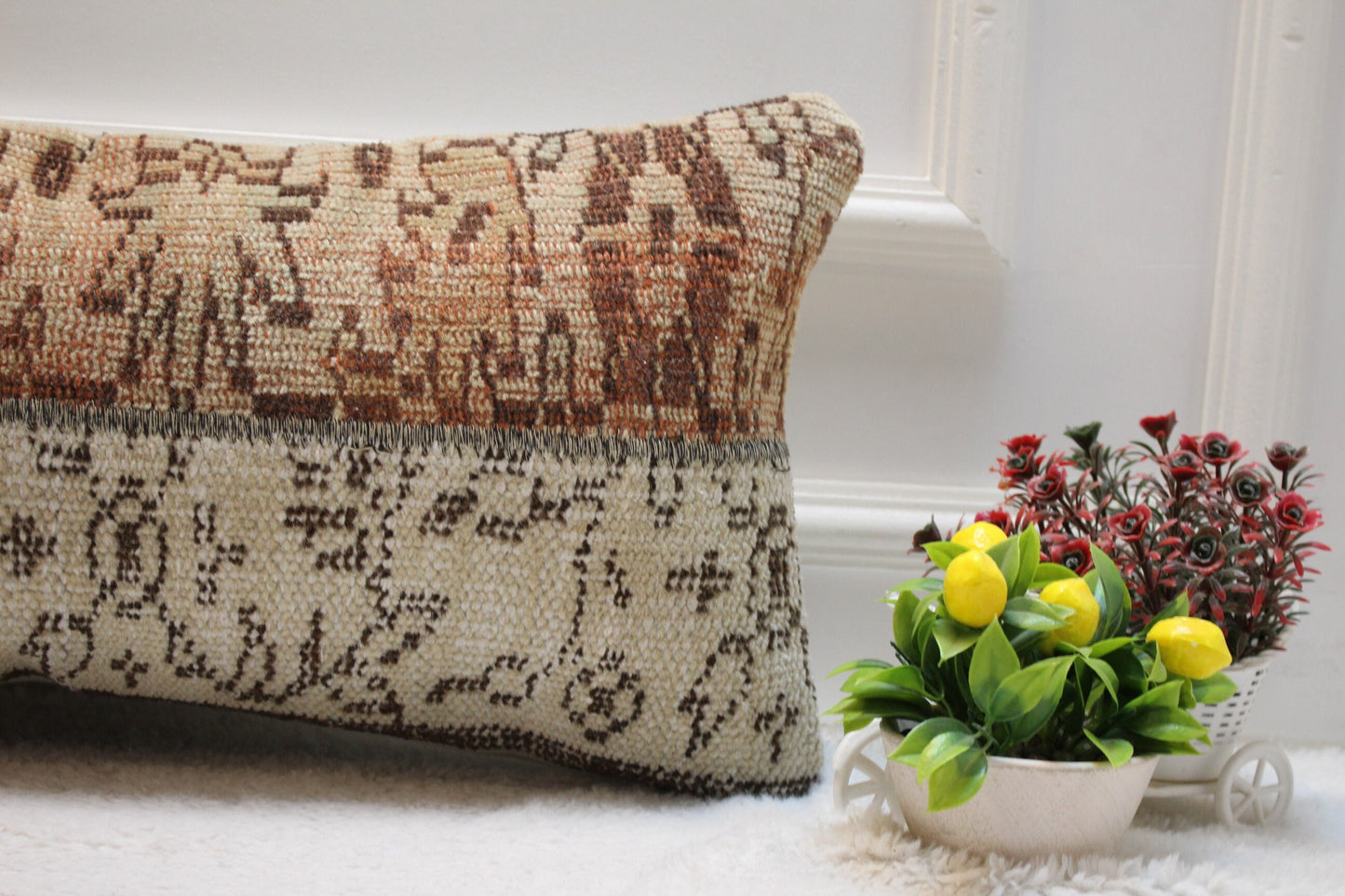 Floral Turkish Rug Lumbar Pillow Cover: Handmade Wool, 12x24 inch