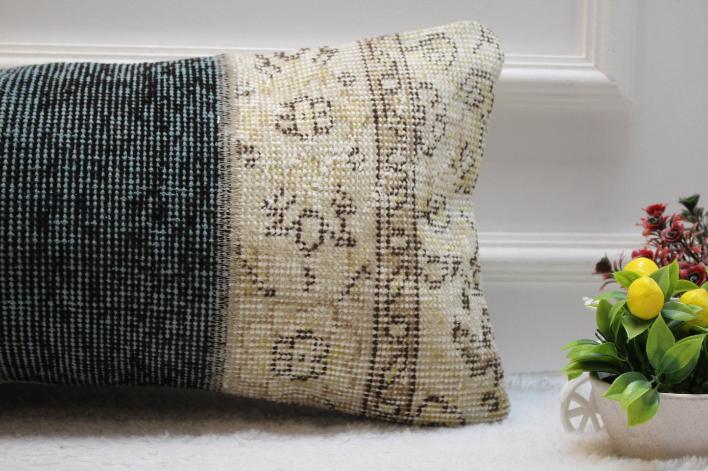 Handmade Wool Lumbar Pillow Cover: Beige & Blue Turkish Rug (12x24 in)