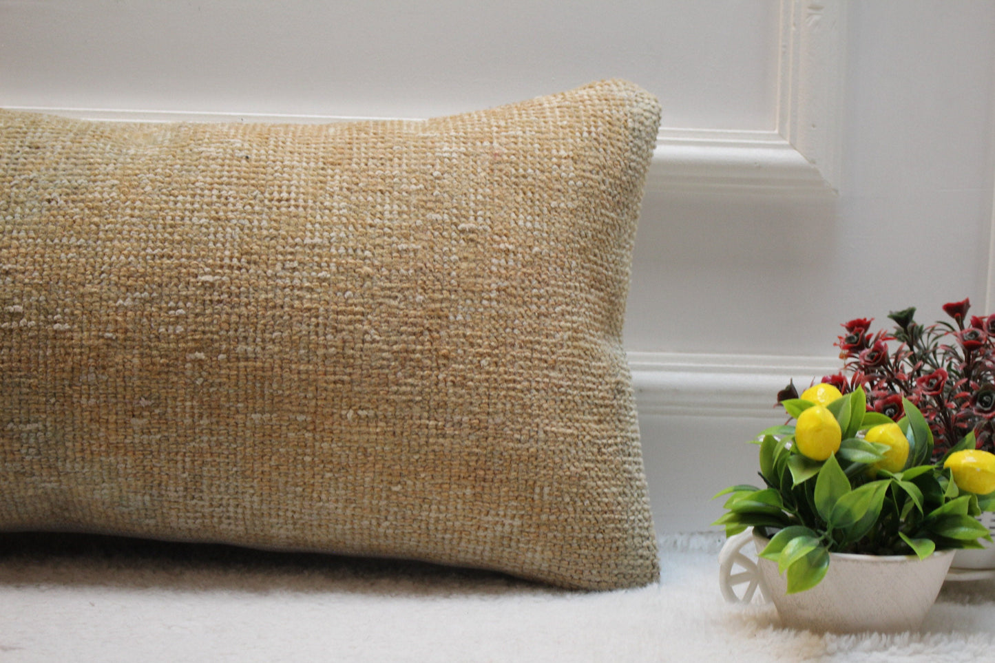 Handmade Kilim Lumbar Pillow Cover: Upcycled Wool, Beige 12x24 inch