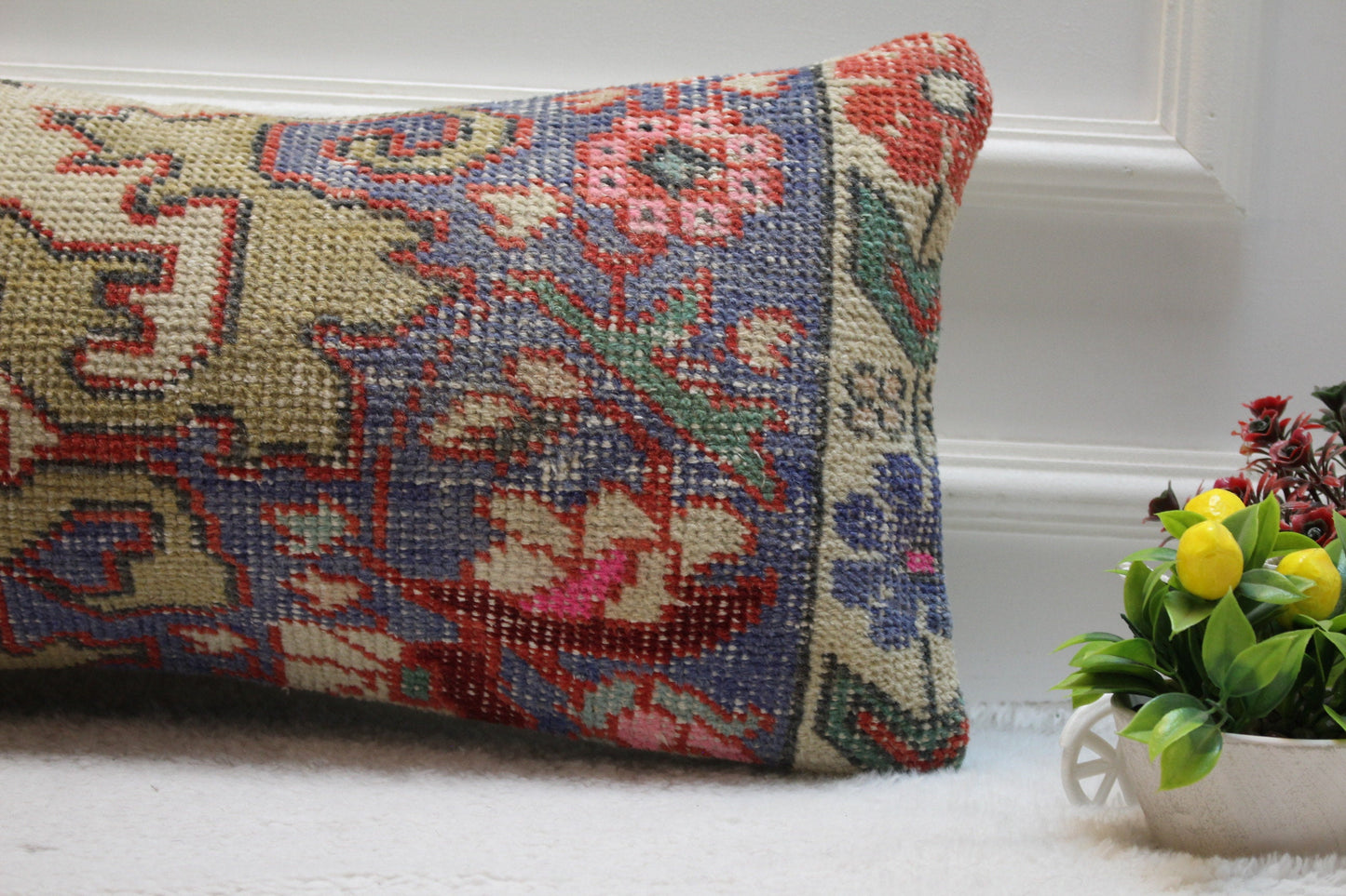 Floral Turkish Rug Lumbar Pillow Cover: Hand-Knotted Wool (12x24 in)
