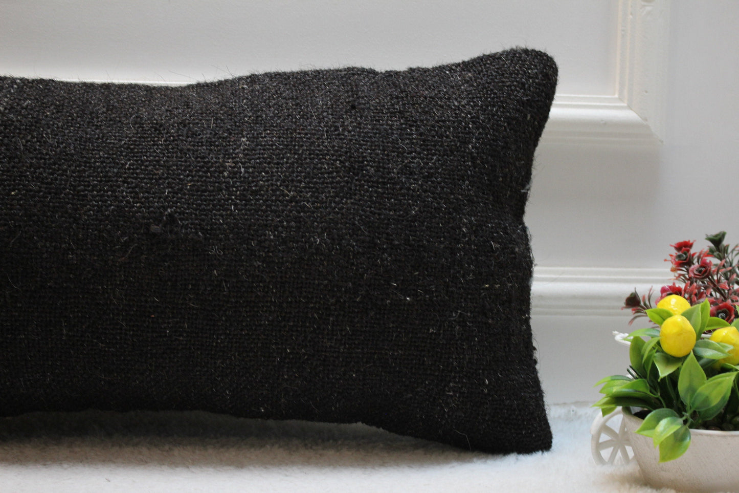Handmade Black Wool Lumbar Pillow Cover: Woven Rug Design (12x24 in)