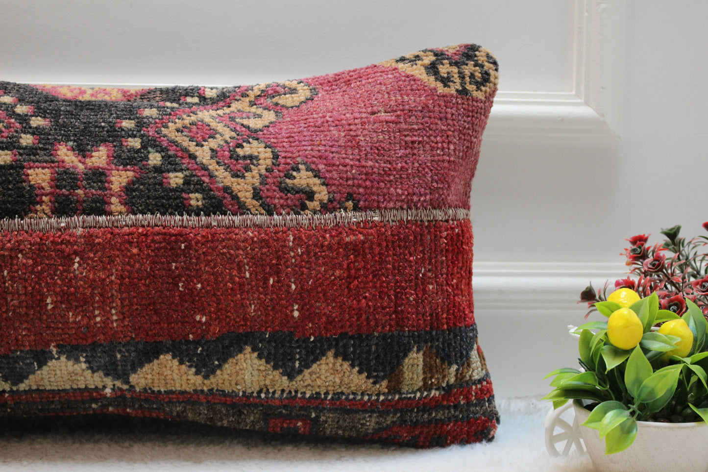 Red Kilim Lumbar Pillow Cover: Ethnic Turkish Woven Wool, 12x24 inch