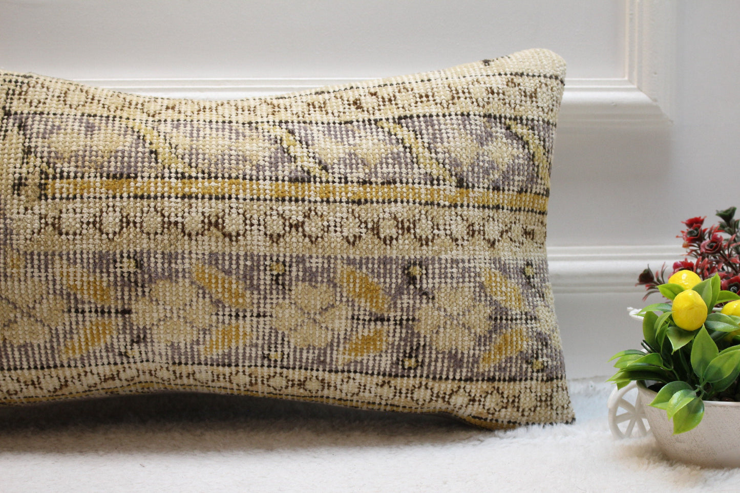 Floral Turkish Rug Pillow Cover: Handmade Wool Lumbar Pillow, 12x24