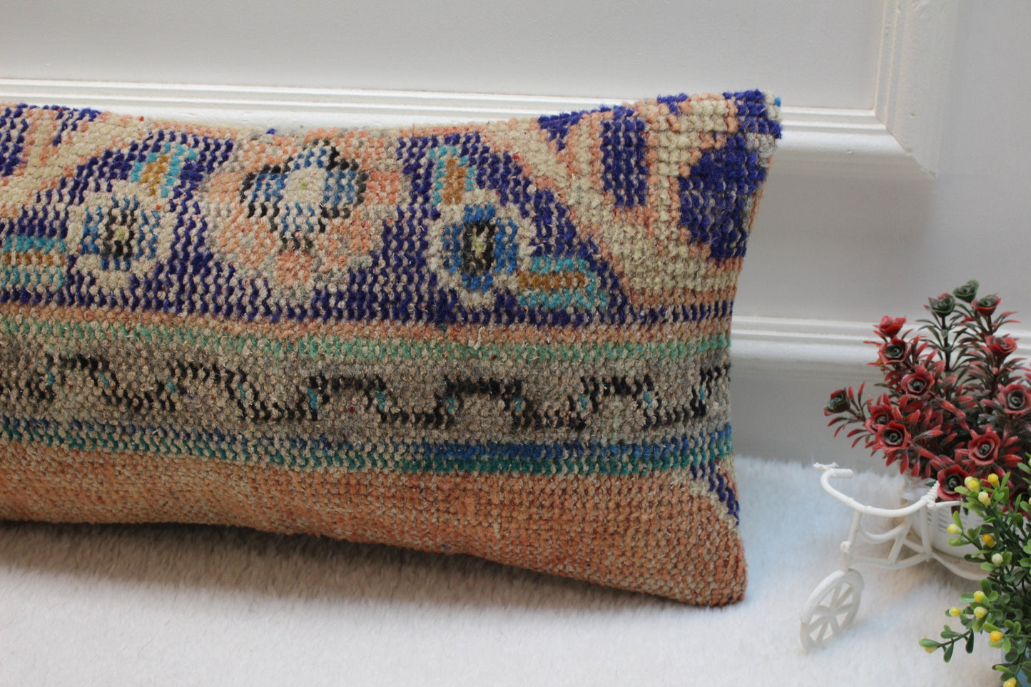 Vintage Turkish Rug Lumbar Pillow Cover: Blue & Orange Wool (12x24 in)